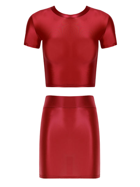 Womens Glossy Two-piece Outfit Oil Shiny Smooth High Waist Mini Skirt with Tank Top Nightclub Rave Outfit Pole Dancing Clubwear