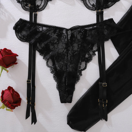 Black Embroidered Perspective Temptation Bra Lace Underwear Body Shaping Clothes Hanging Socks with Gloves