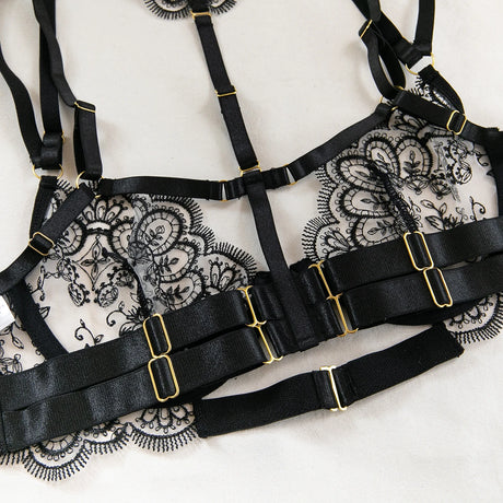 Krasapt Black Lace Embroidered Metal Buckle Sexy Lingerie Set Front Open See-through Lingerie 5Pcs Set Fancy Exotic Intimate Set
