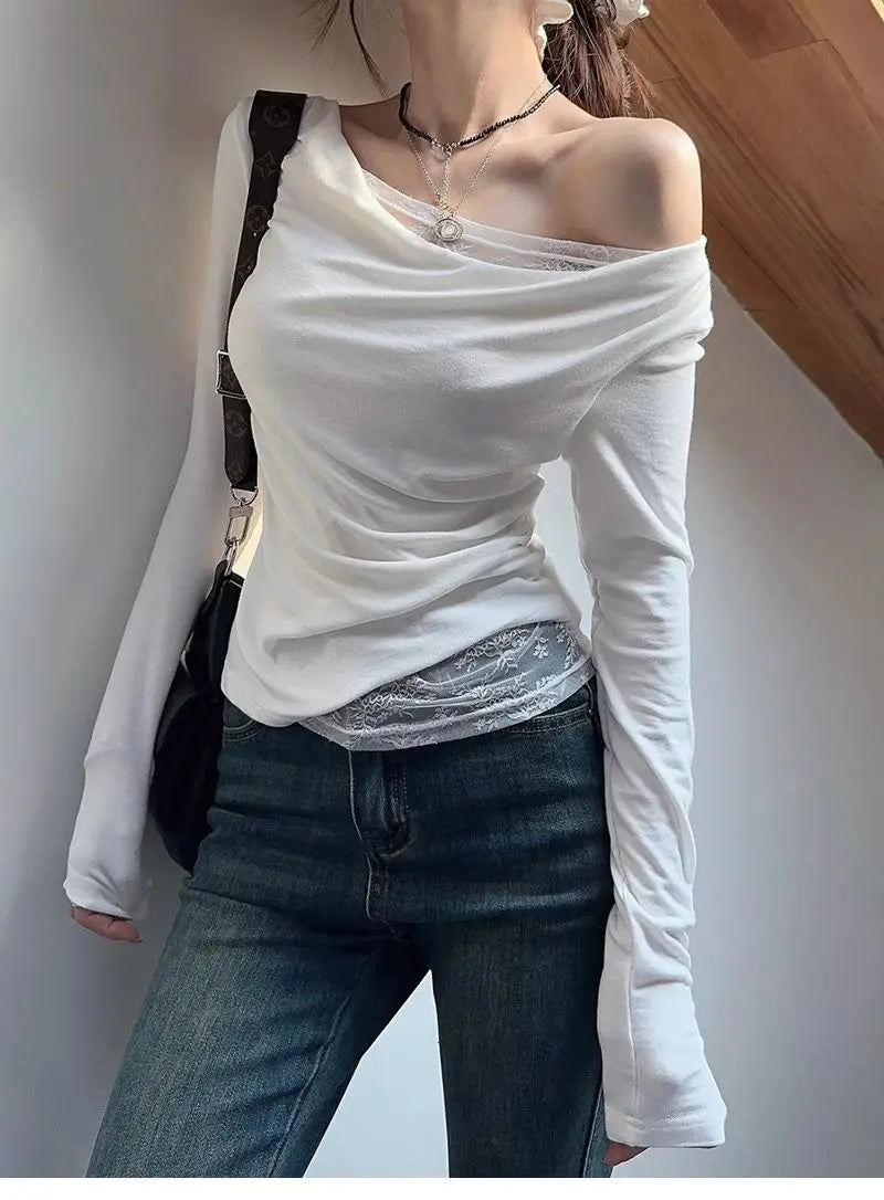 Lace Splice Asymmetrical Shoulder Long Sleeve T-Shirt Women's Slim Fit White Top for Autumn Winter Commute Casual Wear