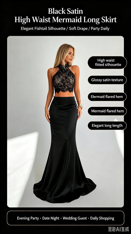 Women Black Satin Mermaid Maxi Skirt High Waist Bodycon Long Skirt Elegant Evening Party Formal Dressy Skirts