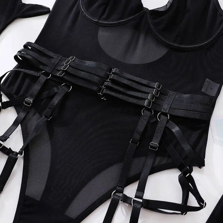 Sexy One Piece Bodysuit Glove Bandage Perspective Mesh Tight Fitting Slim Fit High Strecth Women Rompers Polychrome Fashion RAE3