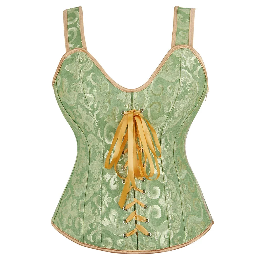 Gothic Corset Top With Straps Sexy Floral Zipper Brocade Overbust Lingerie Burlesque Body Shaper Lace Up Bustier Plus Size