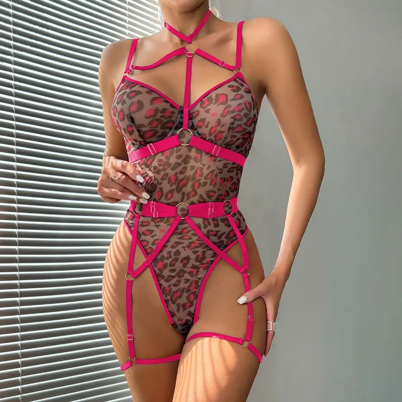 Leopard Print Strappy Bodysuit Blue Caged Harness Lingerie Sexy Mesh Sheer Teddy Underwire Erotic Lenceria Mujer