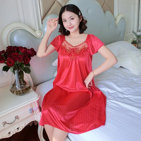 Ladies Ice Silk Nightgowns Sleeping Dress Medium Length Short Sleeve Nightdress Sexy Sleepwear Home Wear Loungewear Pyjama Femme