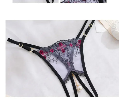 Women Sexy Crotchless Thong with Pearl Pendant Lace Embroidery Transparent G-string Tanga Underwear Lingerie