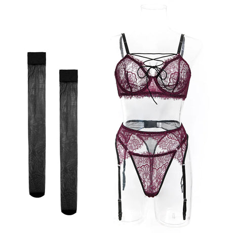 Women's 4-Piece Sheer Lace Lingerie Set Crisscross Strap Bra Garter Belt Long Socks Seductive Intimate Underwear