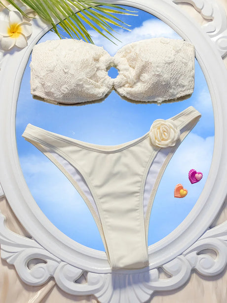 3D Flowers High Leg Cut Bandeau Bikini Women Swimsuit Female Swimwear Two-pieces Bikini Set Bather Bathing Suit Swim Beachwear