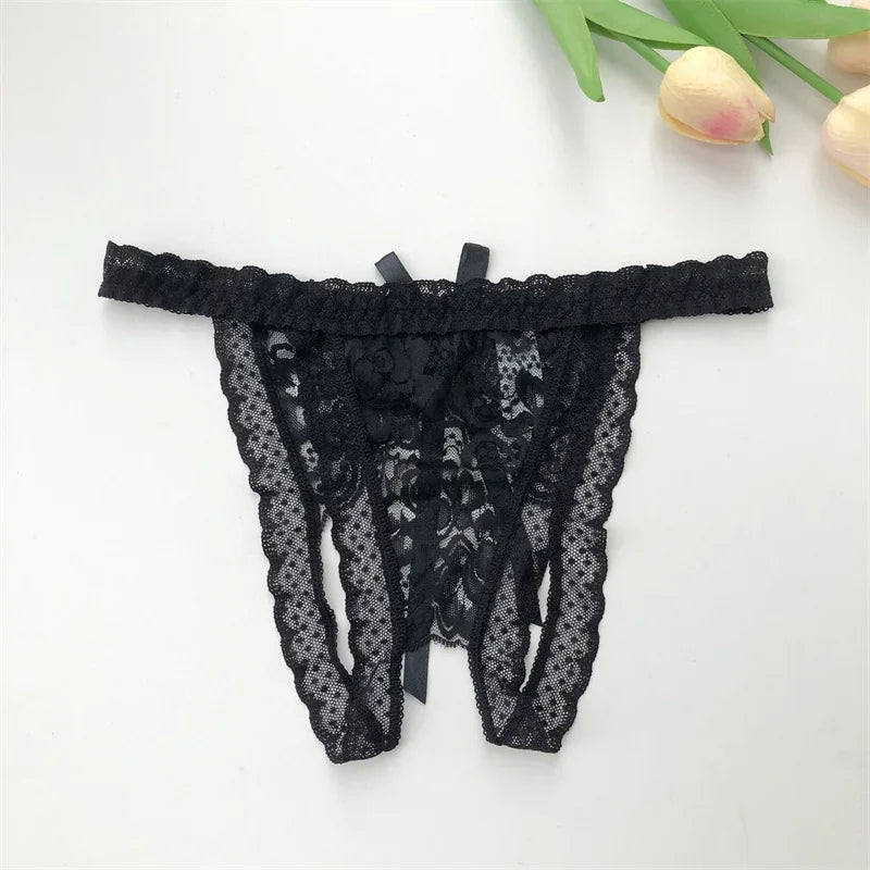 Customized Crystal Name Letters Women's Sexy Breathable Lace Underwear Low Waisted Opening Thong Bikini Erotic G-String Panties