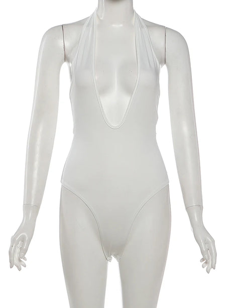 Cutenew Halter Classic Bodysuit Women Sexy Fashion Deep V-Neck Sleeveless Simple Daily Stretch Skinny Chic Workout Streetwear