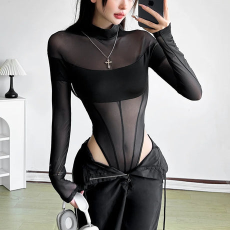 Sexy See Through Bodysuit Women Dark Gothic Streetwear Emo Alternative Grunge Y2k Long Sleeve O-neck High Waist Jumpsuit