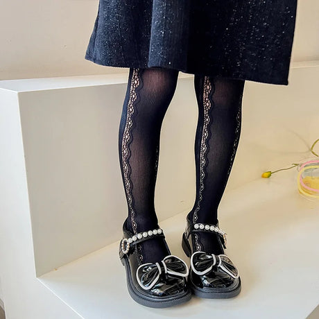 Lolita Girls Vertical Stripe Lace Mesh Pantyhose Cozy Wear Resistant Elastic Knit Elegant Sweet Princess Leggings