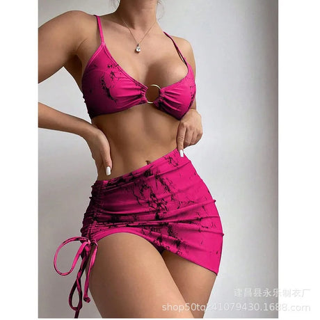 Bikini Printed Crop Neck Bikinis Ruched Waist Side Tie Swimwear Marble Print Metal Ring Detail Two Piece Sets