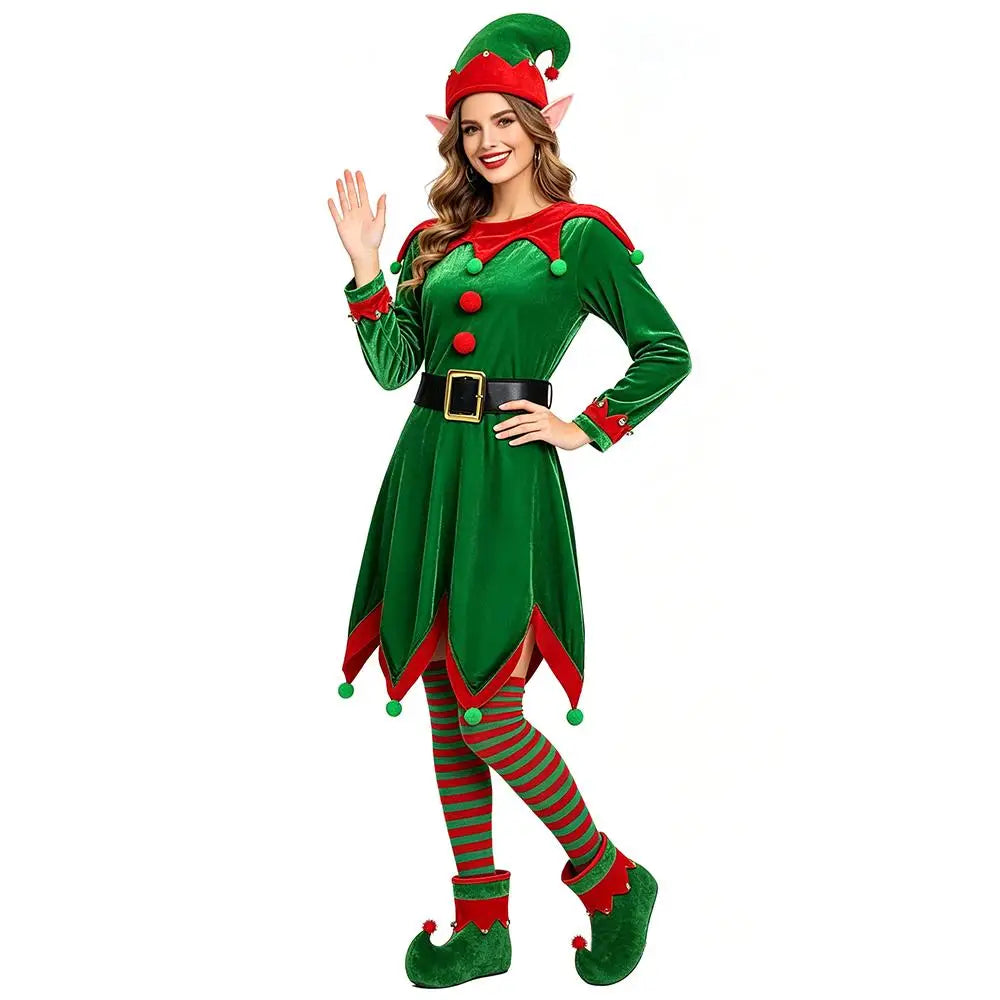 Adult Christmas Themed Elf Cosplay Costume Set Full Outfit with Long-Sleeve Green Dress for Holiday Parties Christmas Attire