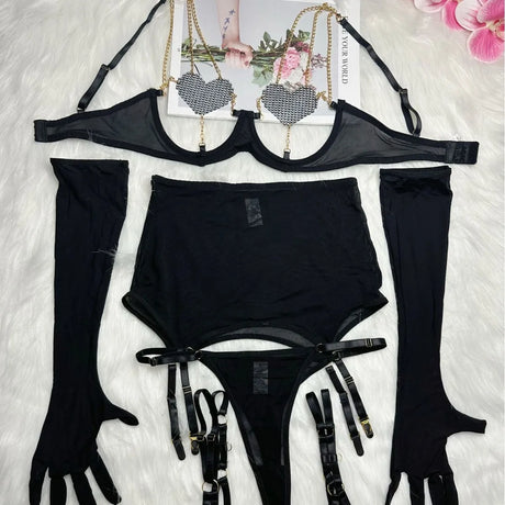 Women Red Rhinestone Heart Lingerie Set with Underwire Bra High Waist Garter Belt Thong and Long Gloves Party Outfit
