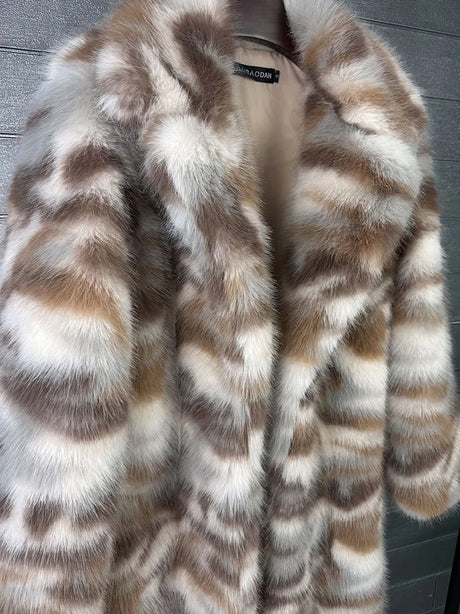 ZADORIN 130cm Long Thicken Lapel Cow Print White Brown Faux Fur Coat Woman Clothing Luxury Fluffy Jacket Winter Fur Coats Woman