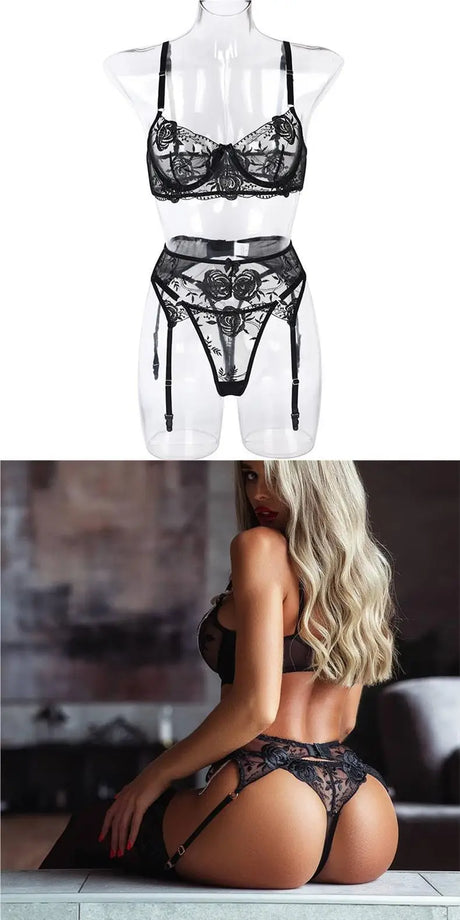 Toucheart 3 Piece Set Sexy Lace Embroidery Bra Set For Women Mesh Patchwork Perspective Sexy Garters Steel Rings Underwear Set
