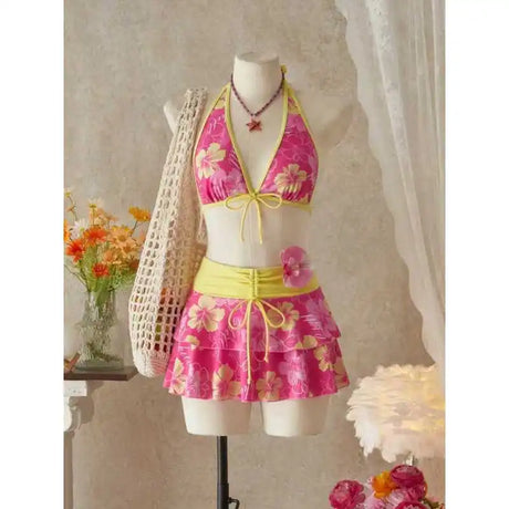 Women European American Sexy Three Piece Bikini Swimwear Set Floral Print Tie Up Swim Skirt Beach Bathing Suit