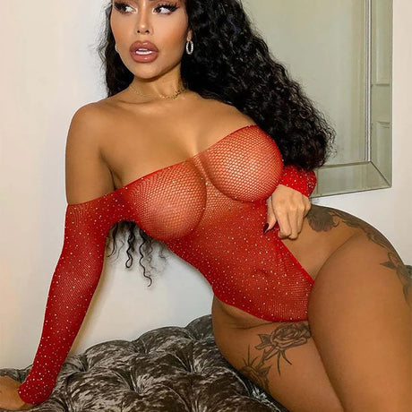 See-through Women's Underwear Fishnet Bodysuit Sparkle Rhinestone Mesh Tight Teddys Porn Sexy Lingerie Body Suit Erotic Costumes
