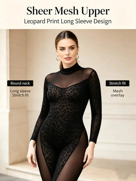Women Black Leopard Burn‑out Mesh Jumpsuit Long Sleeve Sheer Patchwork Bodycon Club Party Night Out Bodysuit