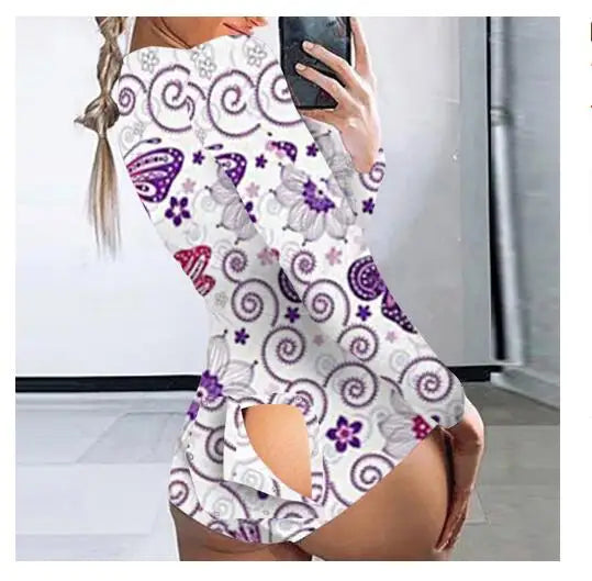 Sexy Pyjama Women's Long Sleeves Homewear Suit Button-Down Front Back Butt Bum Open Ass Flap Jumpsuit Loungewear Christmas Print