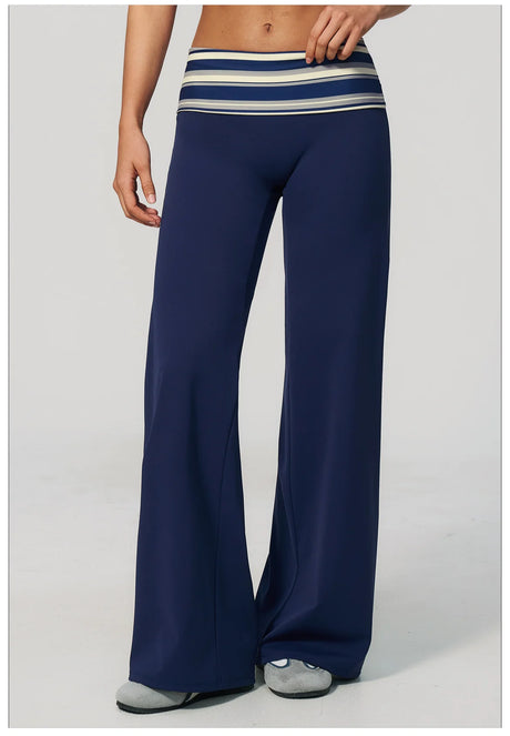Fashion Polka Dot And Striped Wide Leg Pants For Women Fold Over Waist Bell-bottoms Flare Yoga Pants Push Up Workout Leggings
