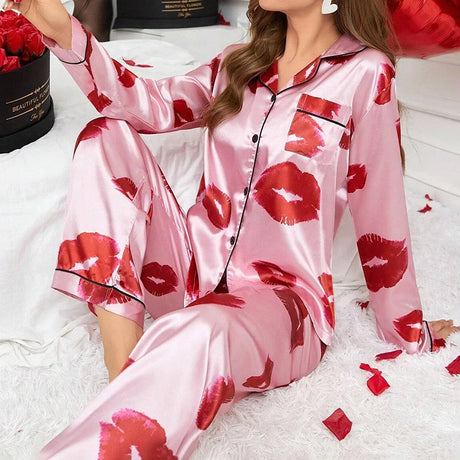 Women Satin Pajama Casual Sleepwear Home Clothes Suit Autumn Long Sleeve Button Up Top & Pants Nightwear Loungewear Pyjama Femme