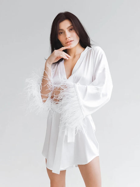 Feather Bathrobes Satin Sexy Mini Dress Long Sleeve Loose Peignoirs For Women Robe White Wedding Dress Black Bride Dresses