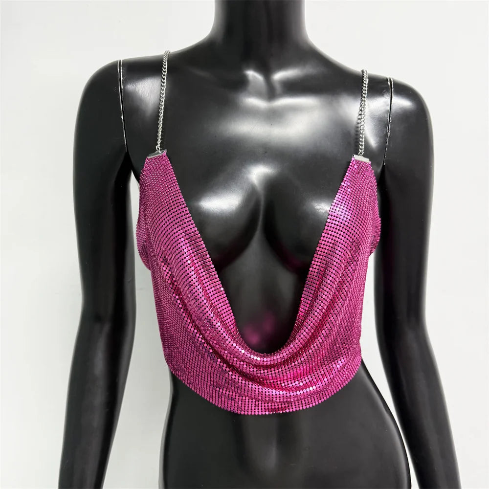 Fashion Metallic Sequins Party Tank Top Sexy Deep V Neck Backless Spaghetti Straps Sling Crop Top 2024 Rave Nightclub Camisole