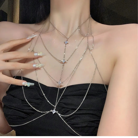 Fashion Square Zircon Chest Chain for Women Personalized Sexy Multi Layer Chain Tassel Body Chain Beach Bikini Jewelry Gift