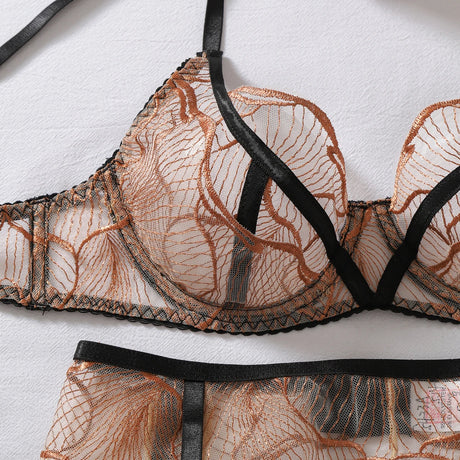 Diccvicc Sexy Bronze Embroidery Lingerie Set Sheer Mesh Contrast Black Harness Bra Garter Belt Women Elegant Intimate Underwear