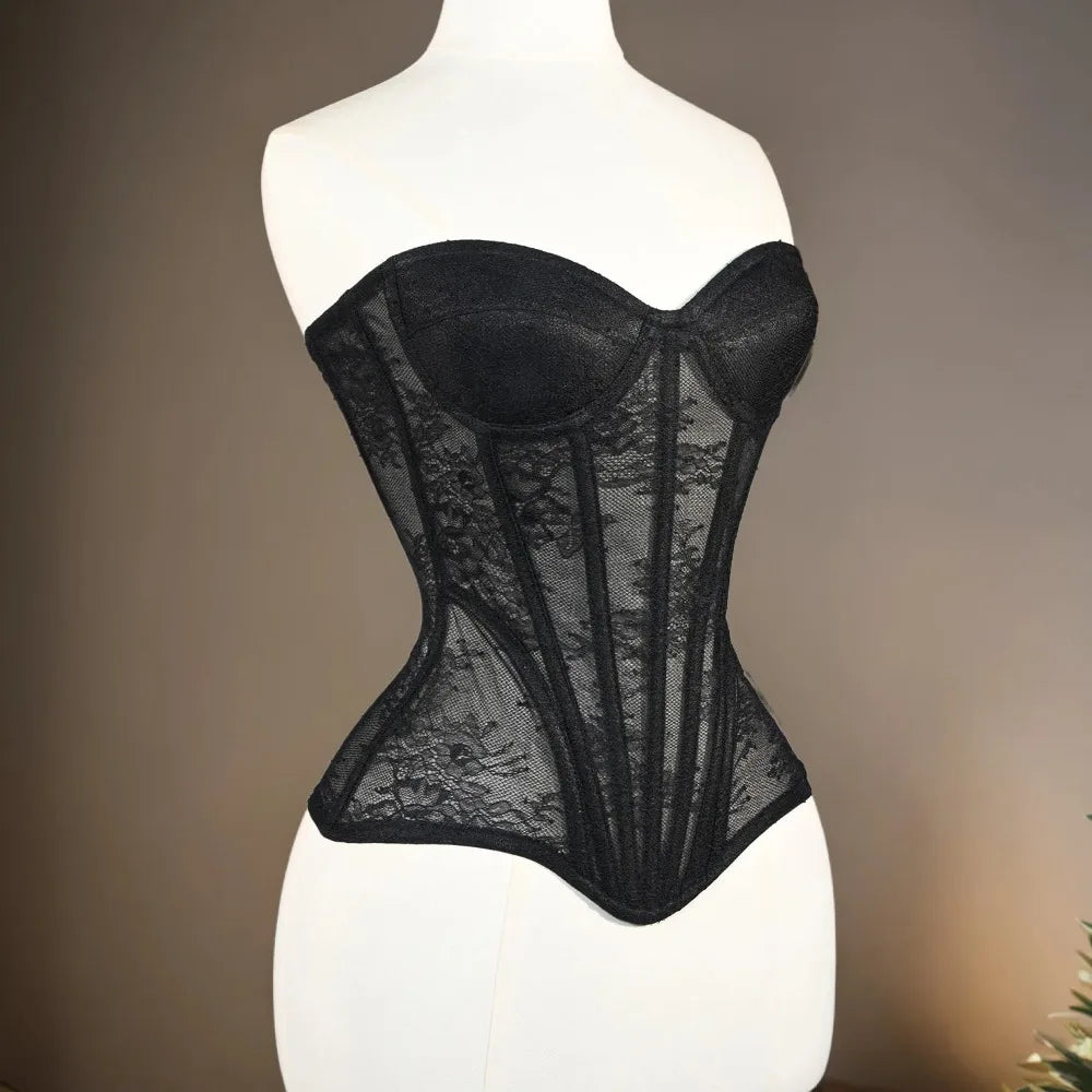Women Mesh Corset Busiter Overbust Cups Push Breast Floral Lace Bodice Sext Tansparent Strapless Crop Tops Lace Up Steel Boned