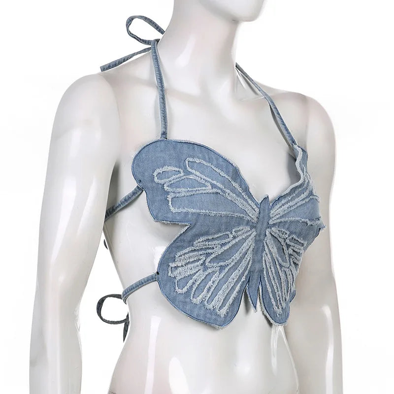Hot Butterfly Jeans Crop Top Backless Strap Camis Sexy Lingerie Bow Bra Women Beach Mini Vest Butterfly Tank Tops Party Clubwear