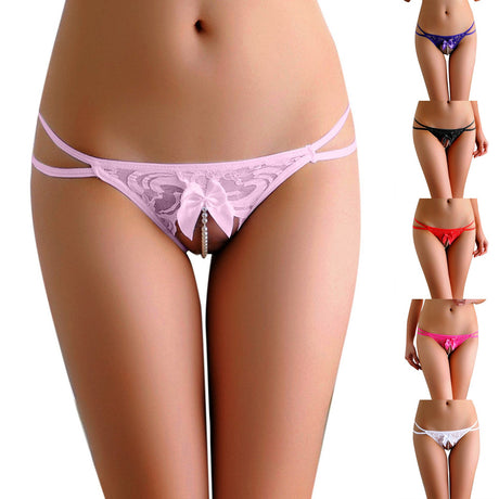 Sexy Panties For Women Erotic Lingerie Open Crotch Pearl Massage Ladies Thong Lace Panties Female Beads Thongs For Women