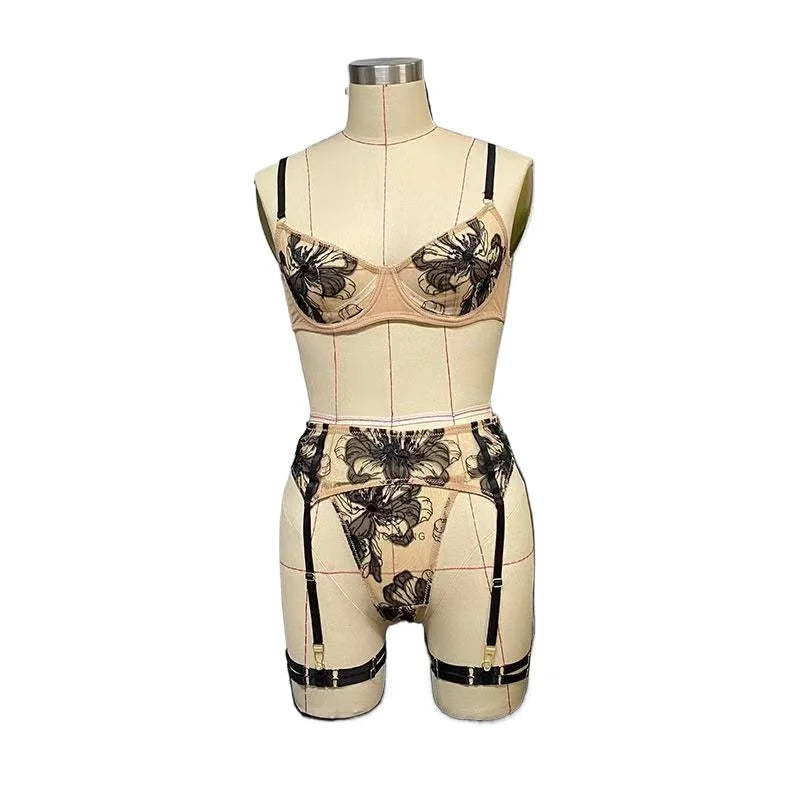 French Three-piece Suit Sexy Thin Bra Lingerie Lace Adjustment Gathered Cutout Underwire Pure Desire Bra and Panty with Garter