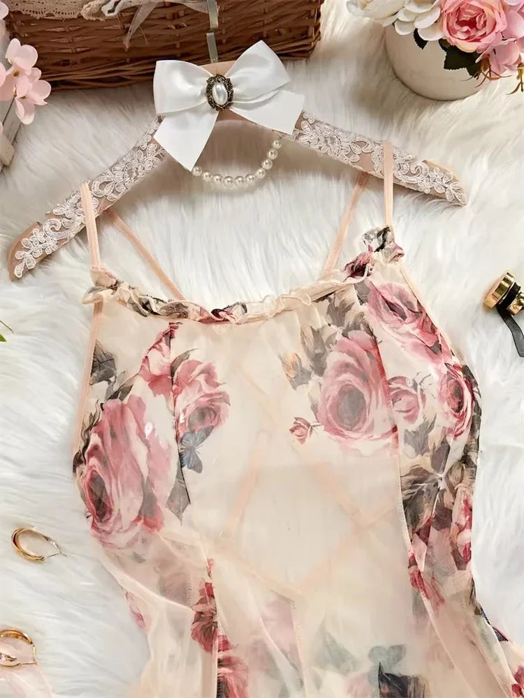 Women Floral Spaghetti Strap Nightdress Back‑cross Chemise Romantic Sleepwear for Valentine Honeymoon Dating Bedroom Loungewear