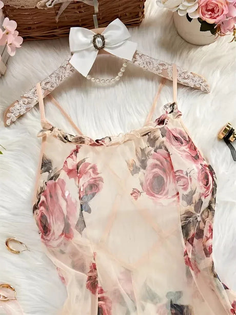Women Floral Spaghetti Strap Nightdress Back‑cross Chemise Romantic Sleepwear for Valentine Honeymoon Dating Bedroom Loungewear