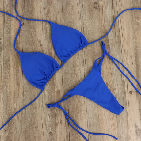 Solid Red String Bikini Set Halter Neck Triangle Top Side Tie Thong Bottom Women Summer Beach Swimwear