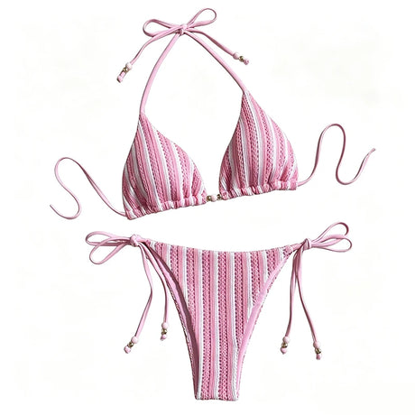 Pink Striped Print Halter String Triangle Bikinis Sets Micro Thong Sexy Swimsuit Women 2026 Ladies Swimwear Bead Bikini Bather