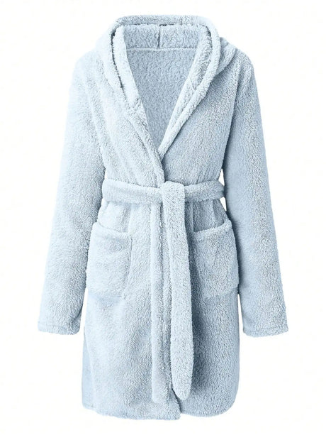 1 piece of women's solid color hooded robe with belt, cozy and warm fleece pajamas for home wear in autumn and winter.