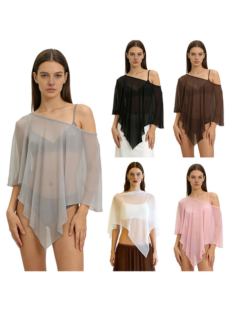 Sheer Poncho Top for Women Asymmetrical Mesh Shawl Wraps See Through Chiffon Capelet Evening Dress Wedding Cover Up