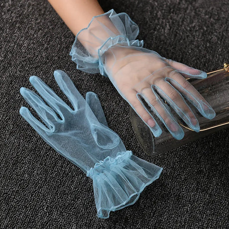 1 Pair Women's Lace Full Finger Gloves Fashion Short Tulle Elastic Etiquette Lotus Leaf Shears for Stylish Hand Protection