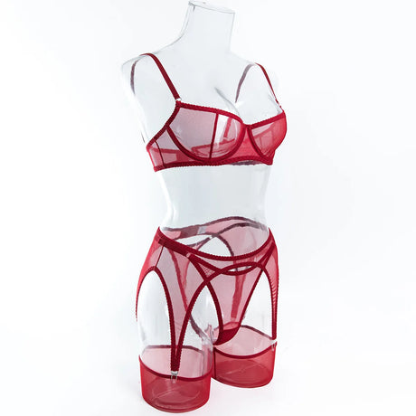 Ellolace Solid Lingeries Sexy Hot Sissy See Through Mesh Bra 3PC Set with Stockings Tempted Underwear Fancy Erotic Clubwear