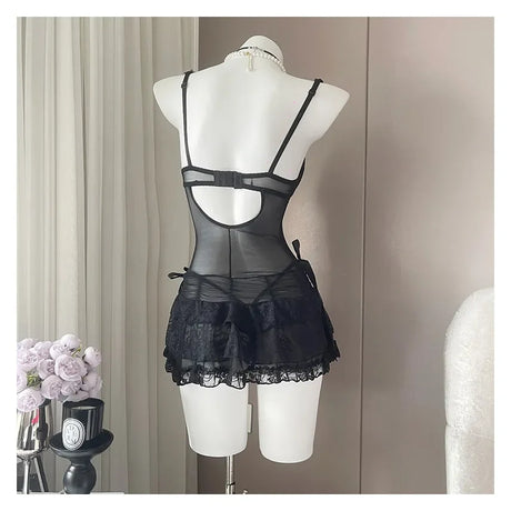 French Sexy Lace Nightdress Summer Women's Corset Gather Suspenders Pajamas with Chest Pads See Through Mesh Lace Loungewear