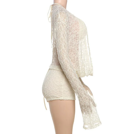 Women's Summer Solid Lace Cami Bra Cowl Neck Long Sleeve Top Shorts Set Fashion Casual Outfit Two Piece Set Women Sexy Club