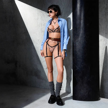 Diccvicc Sexy Bronze Embroidery Lingerie Set Sheer Mesh Contrast Black Harness Bra Garter Belt Women Elegant Intimate Underwear
