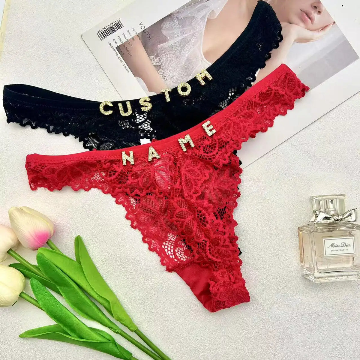 Sexy Custom Thong Name Lace String Customized Women Name Thong Crystal Letters Underwear Personalized Gift for couple