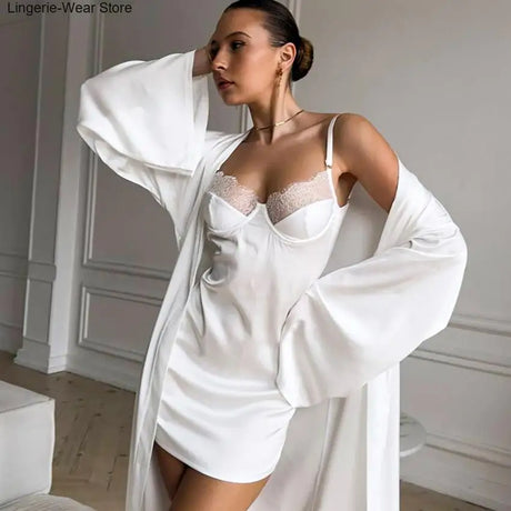 Simulated Silk Lace Splicing Pajamas 2026 Spring New Sexy Nightgown Lace-Up Robe Two-Piece Set Women's Home Wear