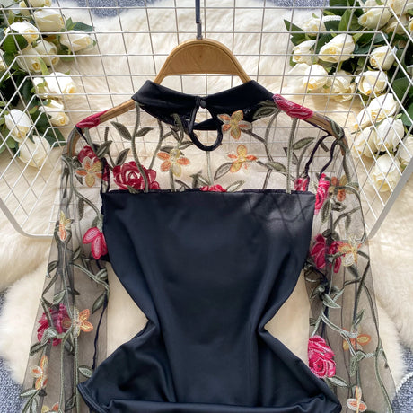 SINGREINY Vintage Embroidery Gauze Sexy Bodysuits Stand Collar Long Sleeve Playsuits Fashion Spliced Women Open crotch Rompers