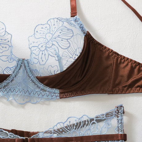 Diccvicc Women's Blue Lace Lingerie Set Brown Underwire Bra Garter Belt Thong Stockings See Through Hot Luxury Fashion Underwear